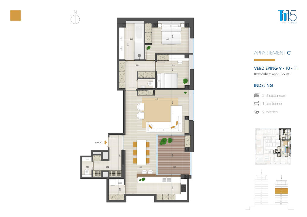 Appartement op de 11de verdieping van 127m² met twee slaapkamers foto 8