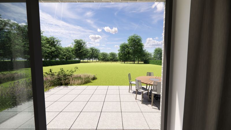 Hooglede. RIANTE NIEUWBOUWVILLA  met 3 slaapkamers en grote garage op tweede linie in oase van groen van 1386m2 via private inrit. Bouwen aan 6% btw is mogelijk ! foto {{pictureIndex}}