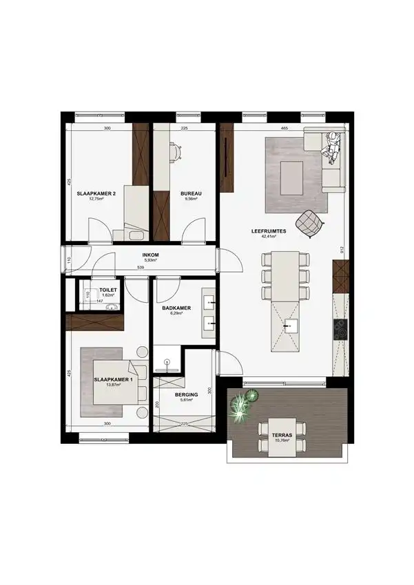 2 slaapkamers + bureau of 3e kamer, met lichtrijke leefruimte en terras foto 2