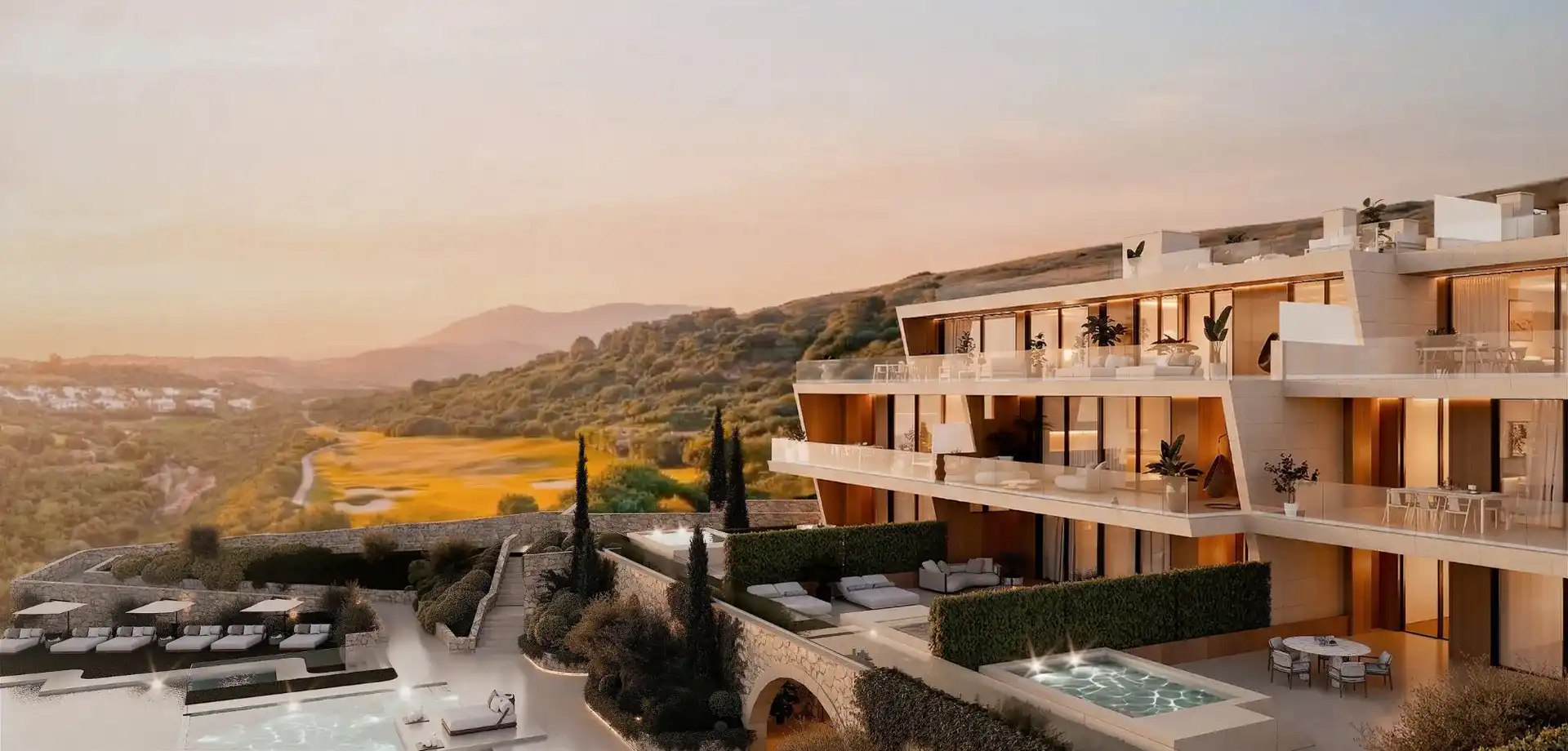 Luxe appartementen in het prestigieuze Finca Cortesín met indrukwekkende terrassen en panoramische uitzichten foto {{pictureIndex}}
