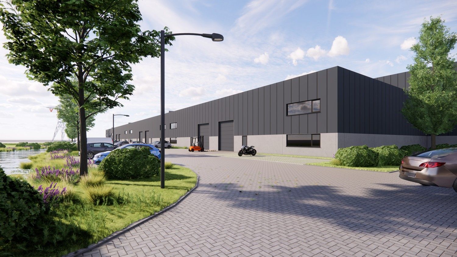 Nieuwbouw KMO-unit van 512 m² en 5 parkeerplaatsen op een strategische ligging in de Gentse haven foto {{pictureIndex}}