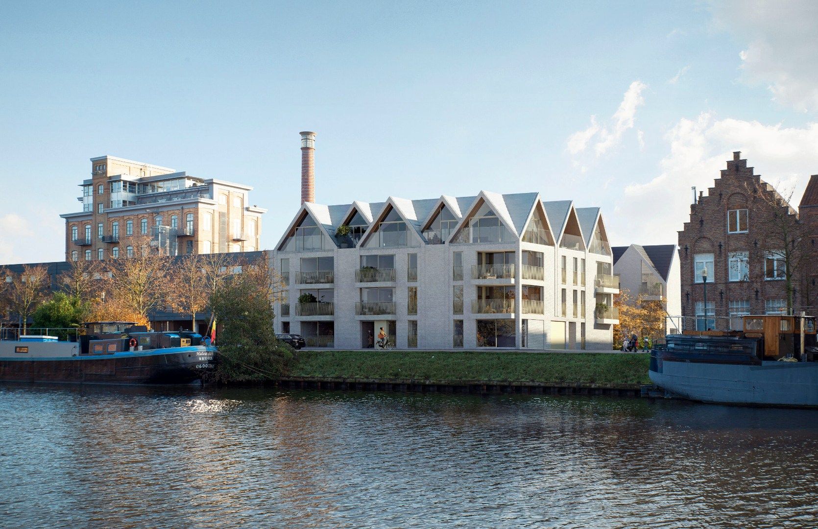 Nieuwbouwappartementen langsheen het water te Kristus-Koning (Brugge) foto {{pictureIndex}}