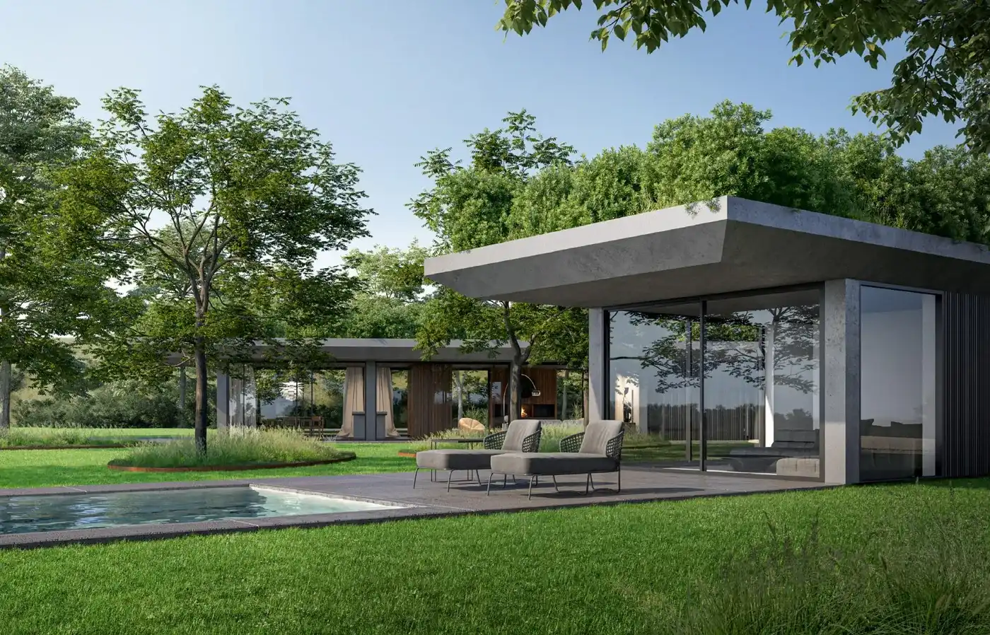 Perceel van 4940m² met uitzonderlijk vergund plan van een strakke moderne woning in een open omgeving te midden de natuur.  foto {{pictureIndex}}