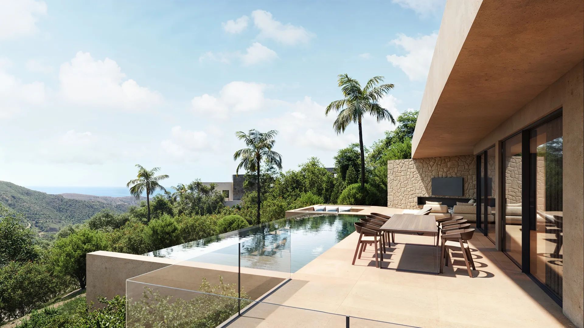 Wonen boven de wolken: exclusieve designvilla met zeezicht in de heuvels van Montemayor foto {{pictureIndex}}