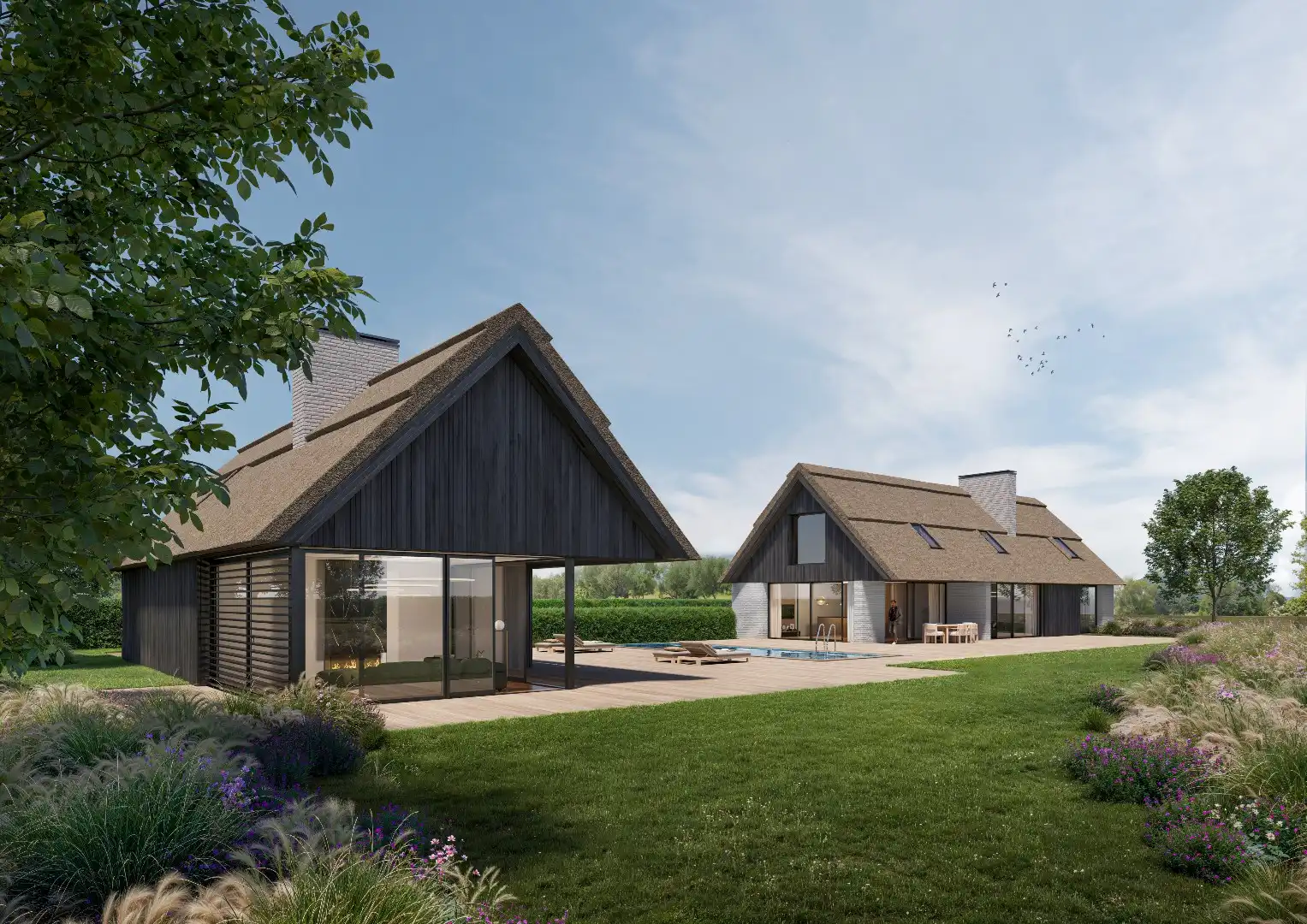 Bouwgrond met ontwerp: Moderne schuur met bijgebouw en zwembad in Terhofstede  foto {{pictureIndex}}