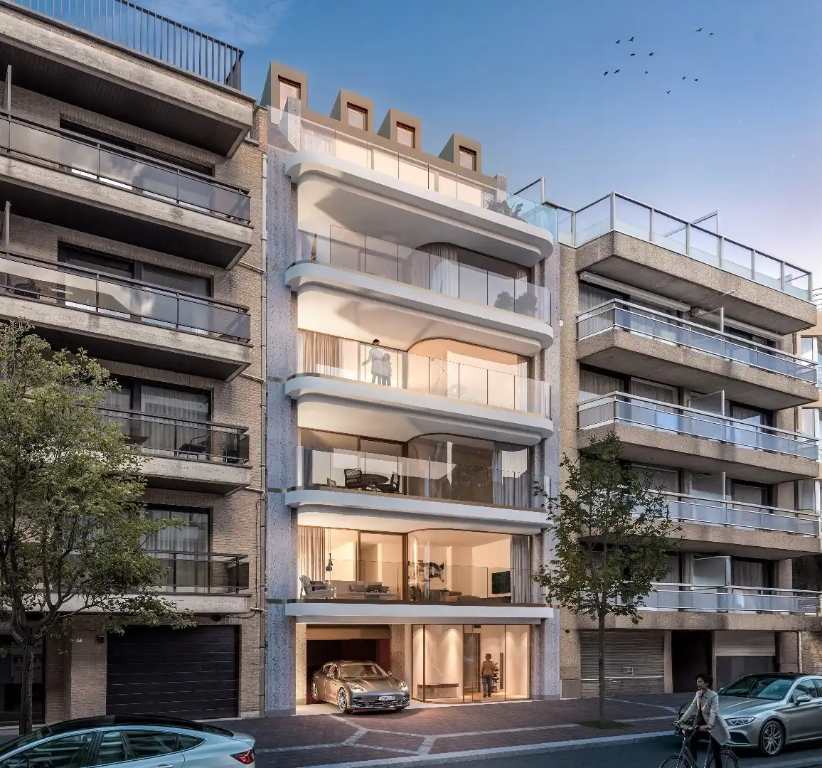 Ruim, luxe nieuwbouwappartement (162m²) in het hart van Knokke. Aankoop gelijkvloerse parking mogelijk. foto {{pictureIndex}}
