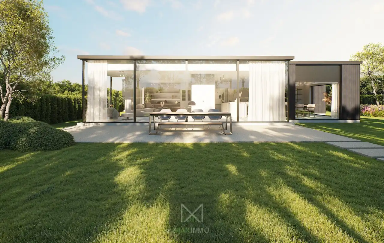 Exclusieve en energiezuinige gelijkvloerse villa in afwerkingsfase – zicht op velden & bos foto {{pictureIndex}}