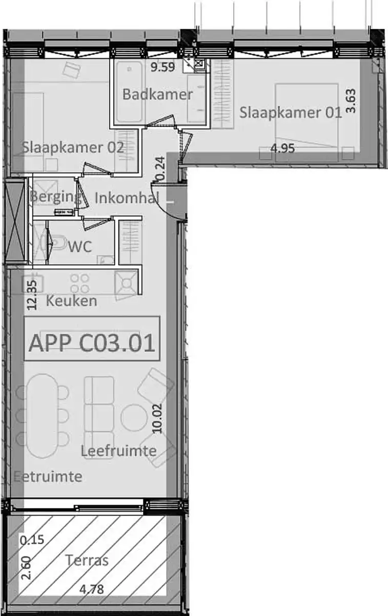 Ongemeubeld 2 slpk app. met mooi terrras foto 12