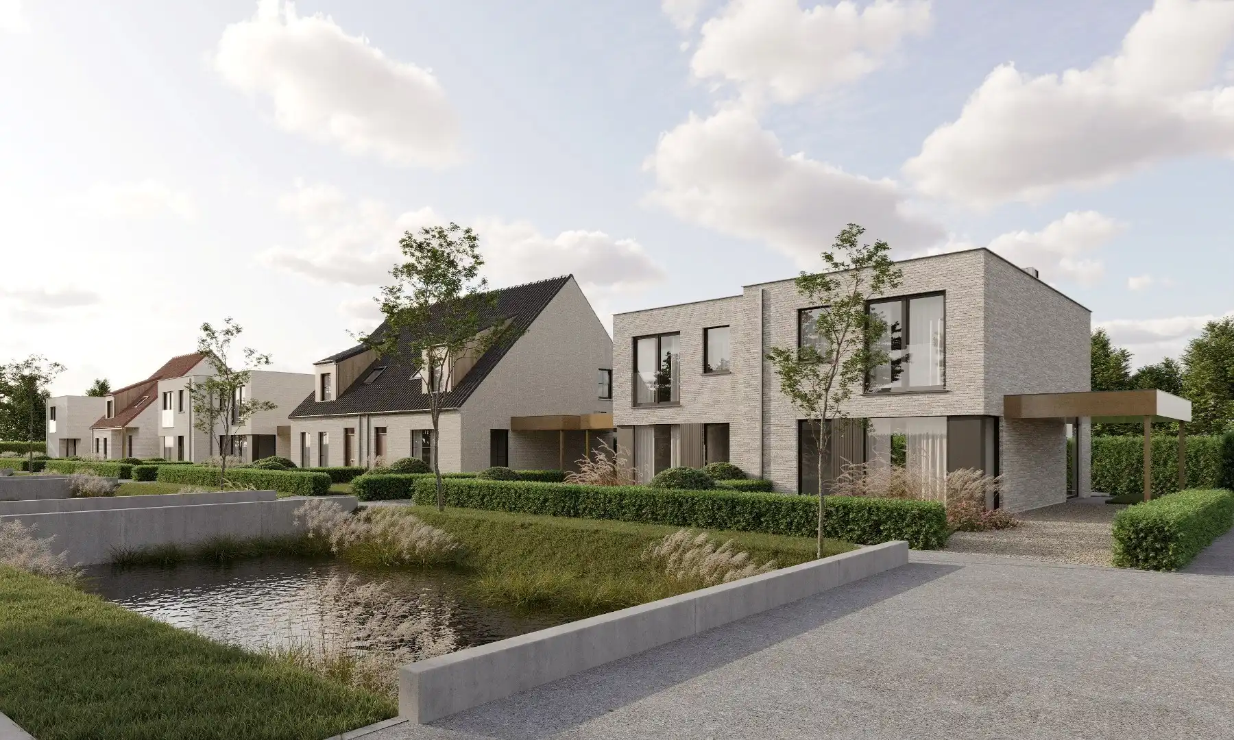 Prachtige moderne halfopen bebouwing in een groene omgeving nabij het kanaal Plassendale-Nieuwpoort te Leffinge  foto {{pictureIndex}}