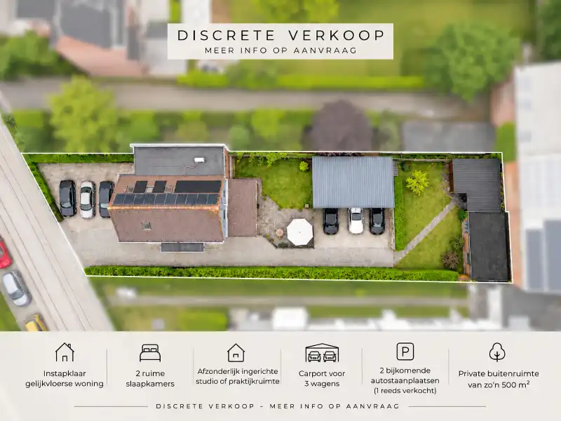 --- NIEUW --- Uitzonderlijk gelijkvloerse woning (118 m²) met 2 slaapkamers, 5 parkeerplaatsen, afzonderlijke studio op een perceel van&nbsp;726 m² foto {{pictureIndex}}