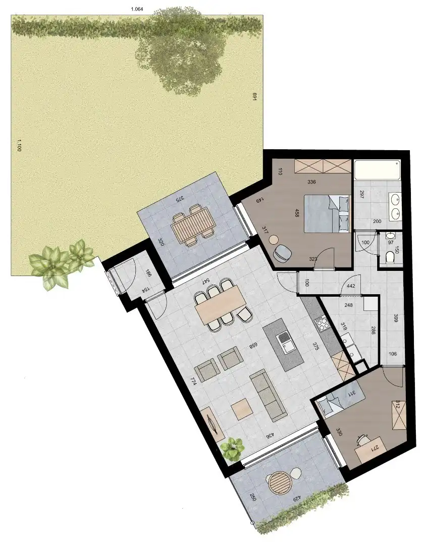 Gelijkvloers appartement (121 m²) met 2 slpk, 2 overdekte terrassen en tuin. foto 2