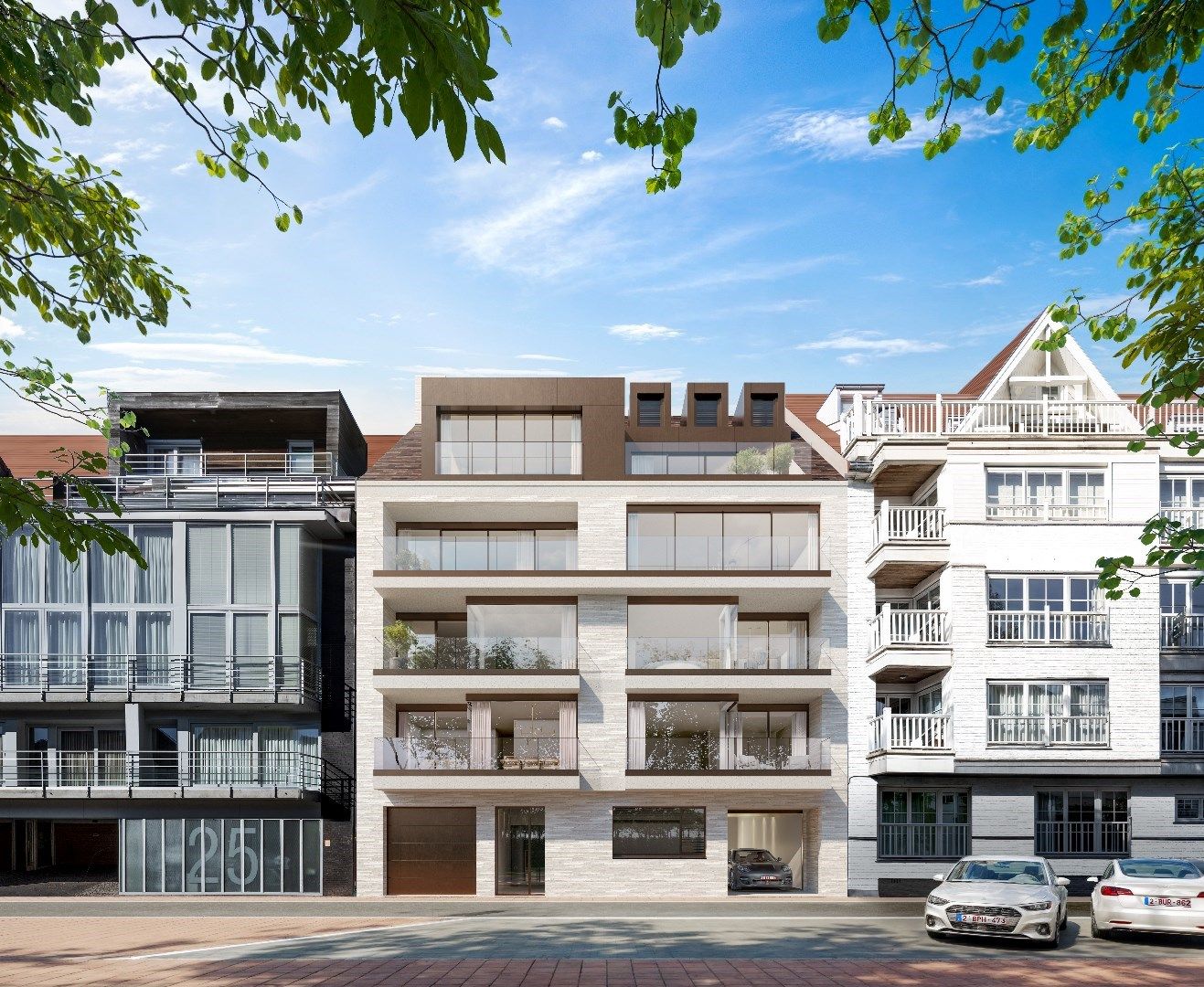 Uitzonderlijk nieuwbouw duplex dakapp. met open zicht over het Zoute, rustig gelegen vlakbij het Driehoeksplein. Aankoop inpandige garage mogelijk. foto {{pictureIndex}}
