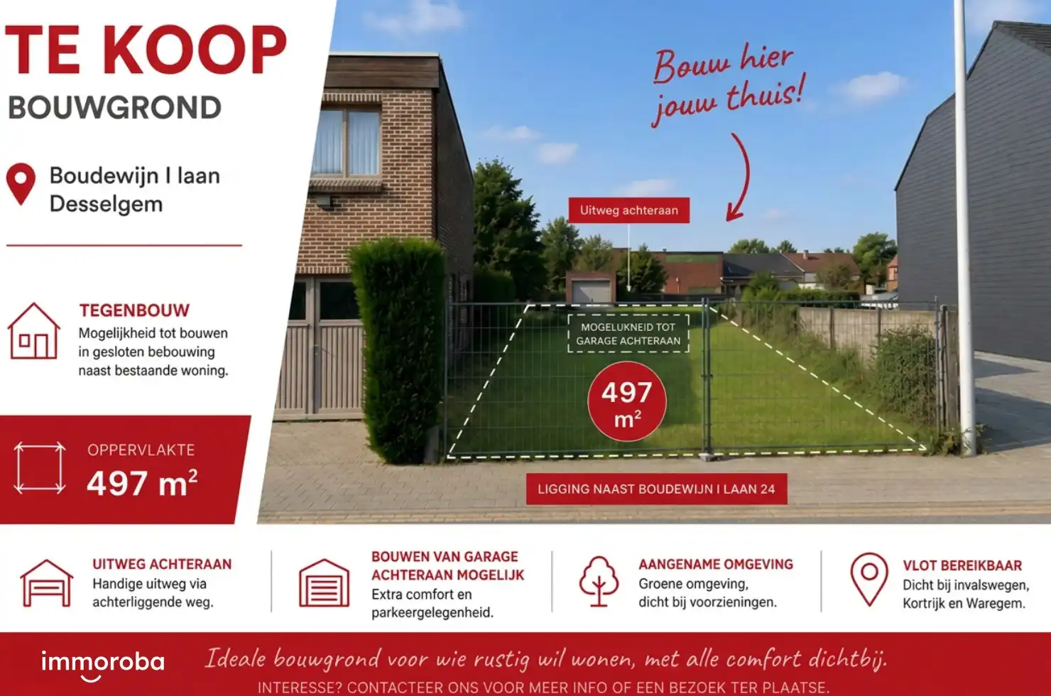 Te koop: Bouwgrond (497m²) voor gesloten bebouwing (met uitweg) op topligging, centrum Desselgem. foto {{pictureIndex}}