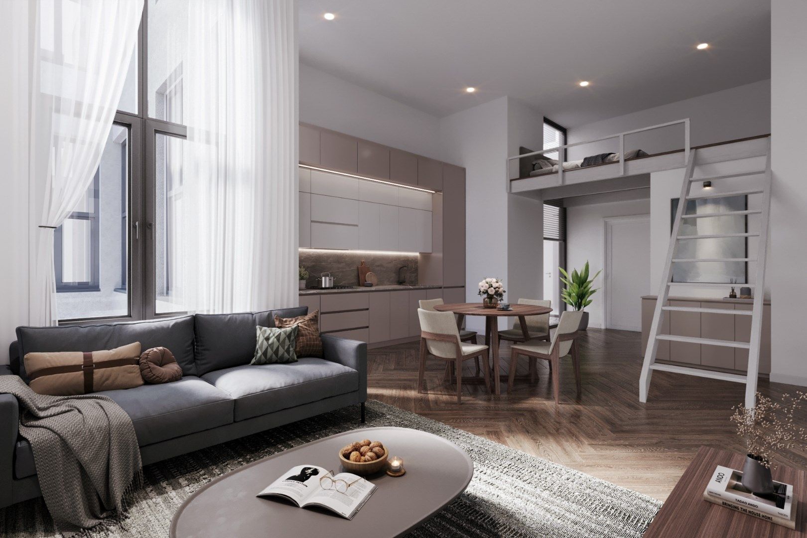 STUDENTENLOFT van ca. 48m², met uitzonderlijke plafondhoogte van 4 meter foto {{pictureIndex}}