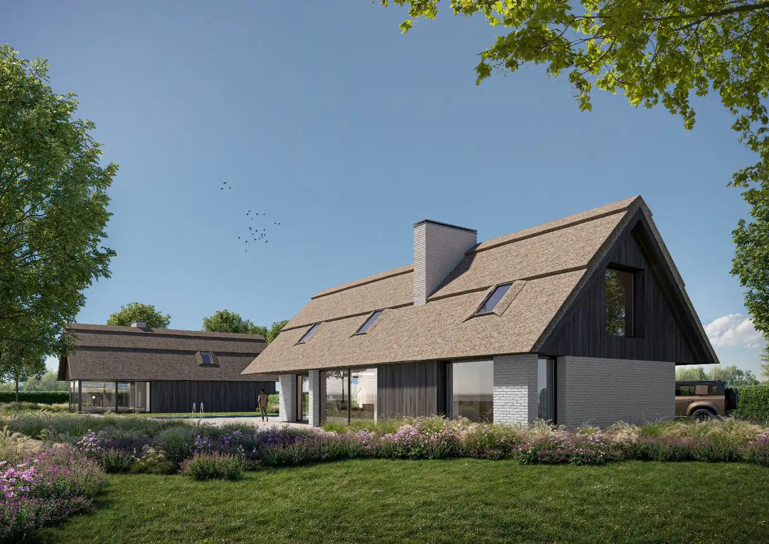 Bouwgrond met ontwerp: Moderne schuur met bijgebouw en zwembad in Terhofstede  foto 2