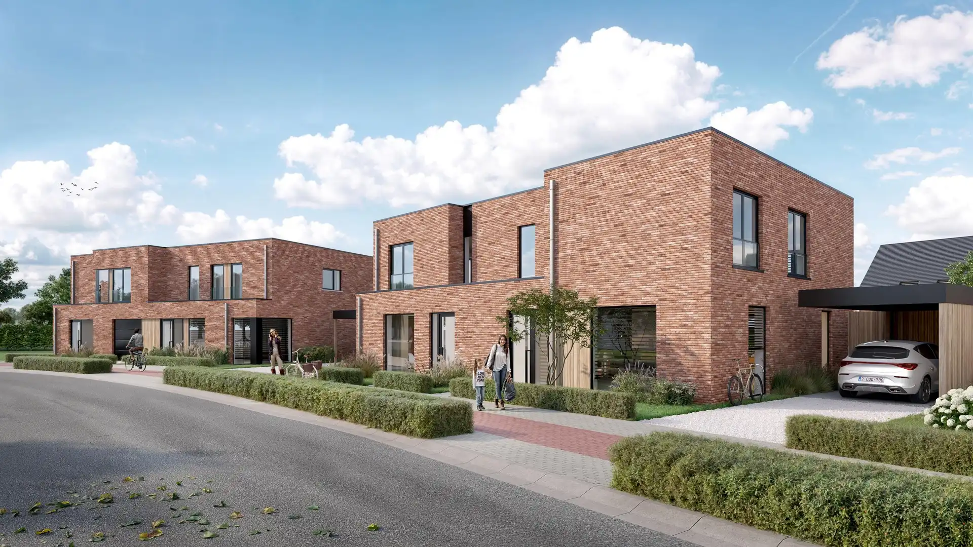 Halfopen nieuwbouwwoning in de Honzebroekstraat te Roeselare. foto {{pictureIndex}}