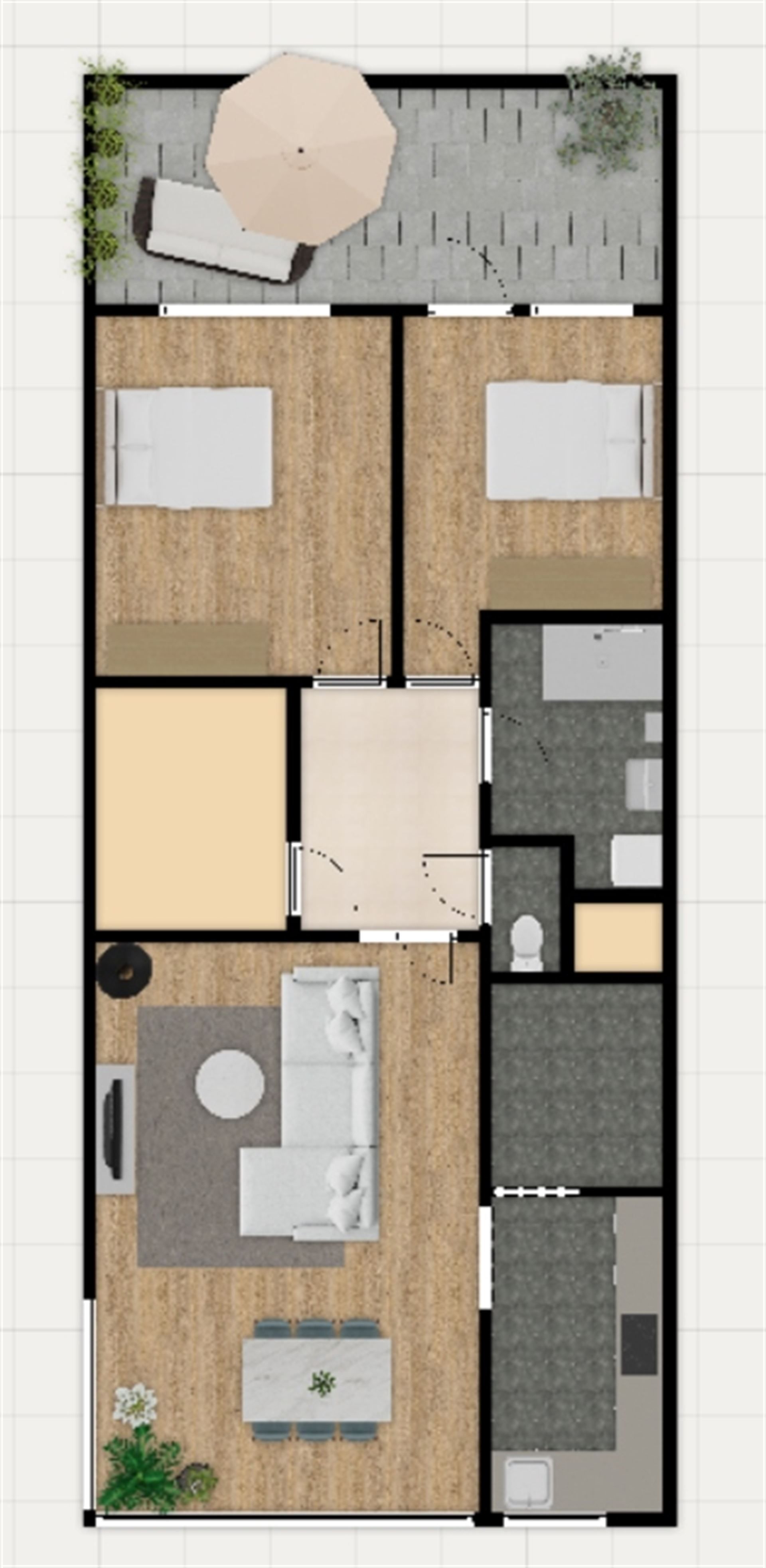 Gelijkvloers app met 2 slpk, terras en garage (€ 25.000) foto 16