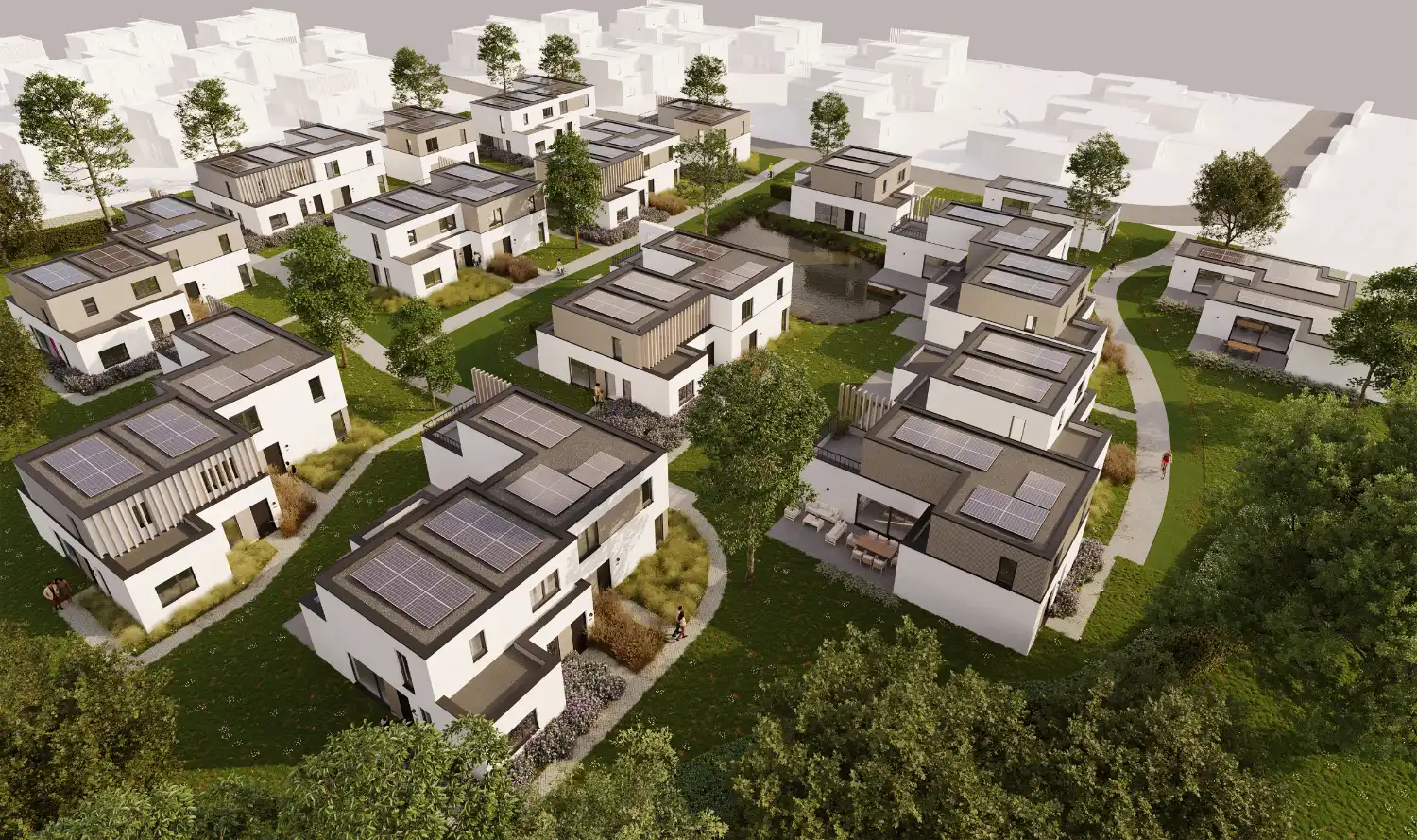 Nieuwbouwproject met vakantiewoningen en appartementen in een groene omgeving. foto {{pictureIndex}}