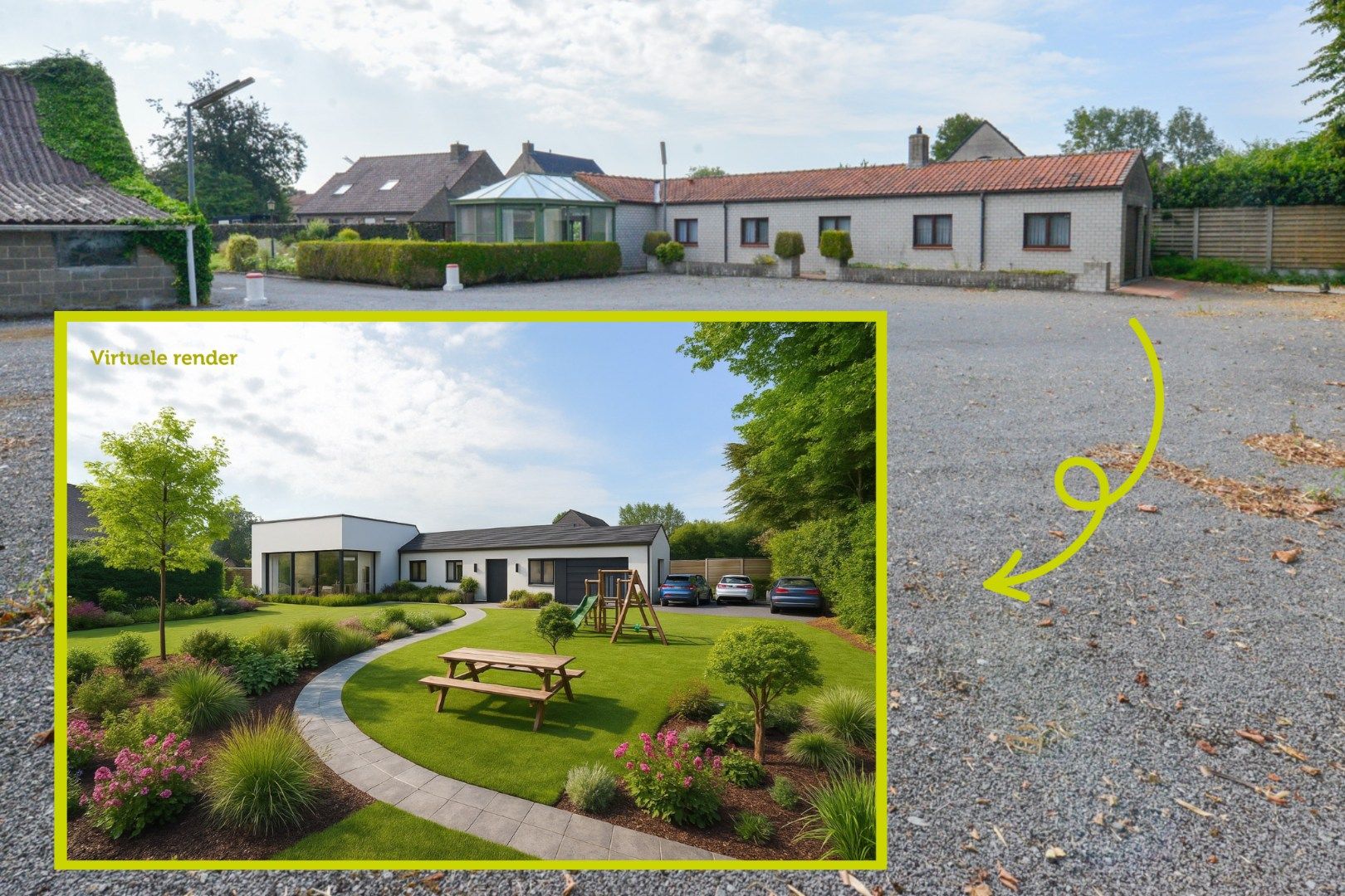Uitbreidbare gelijkvloerse woning met grote garage op 1303m2 foto {{pictureIndex}}