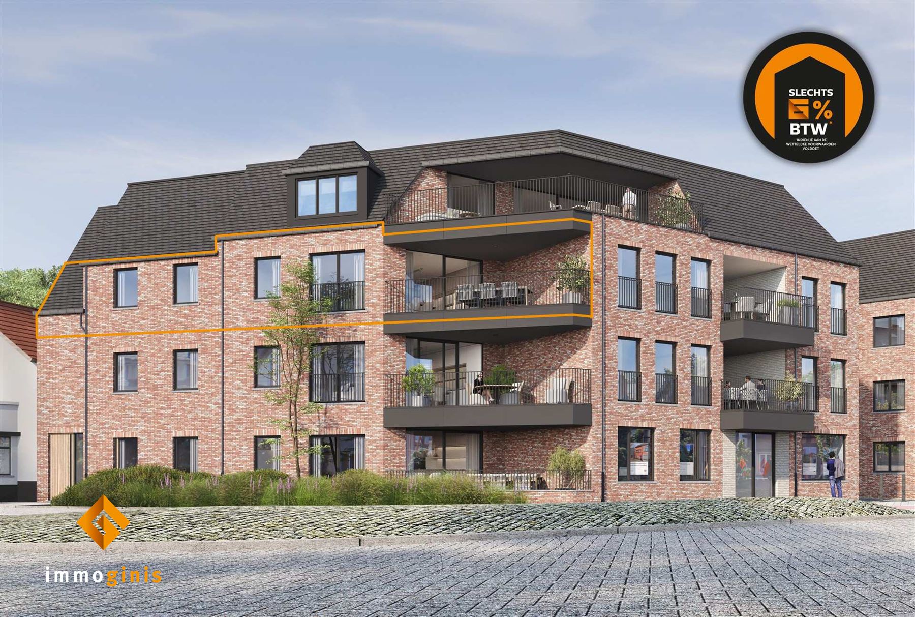 Appartement (tweede verdieping)  met 2 slaapkamers en overdekt terras.  foto {{pictureIndex}}