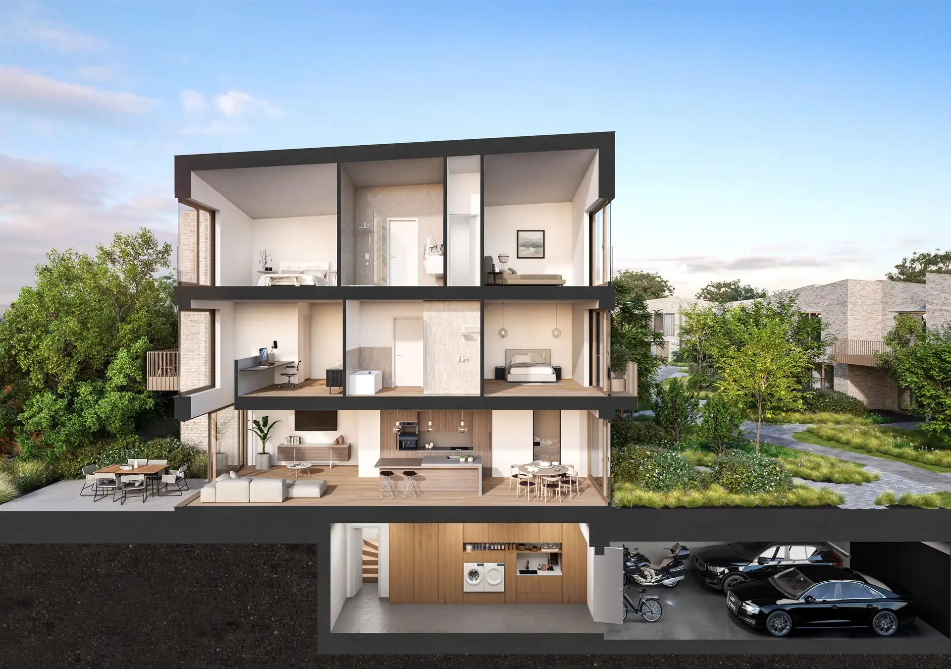 Architecturale BEN-woning met 3 bouwlagen in groene parkomgeving foto 7