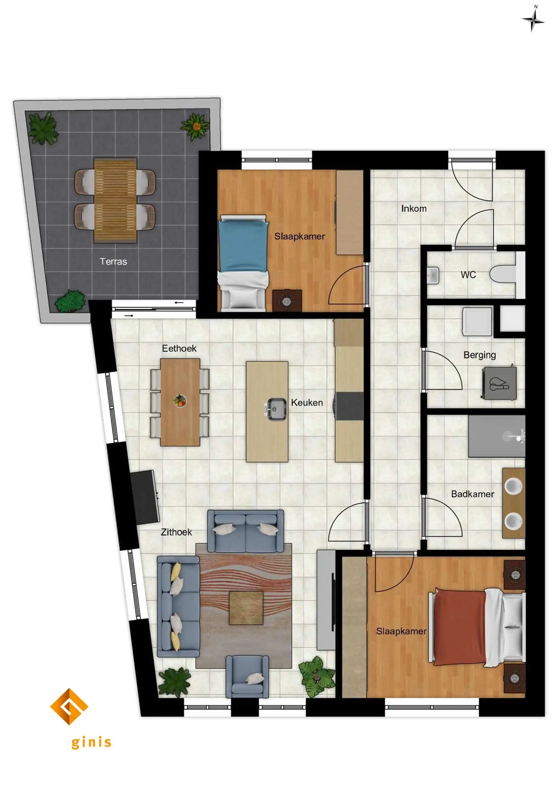 Eerste verdieping: appartement met 2 slaapkamers en ruim overdekt terras.  foto 8