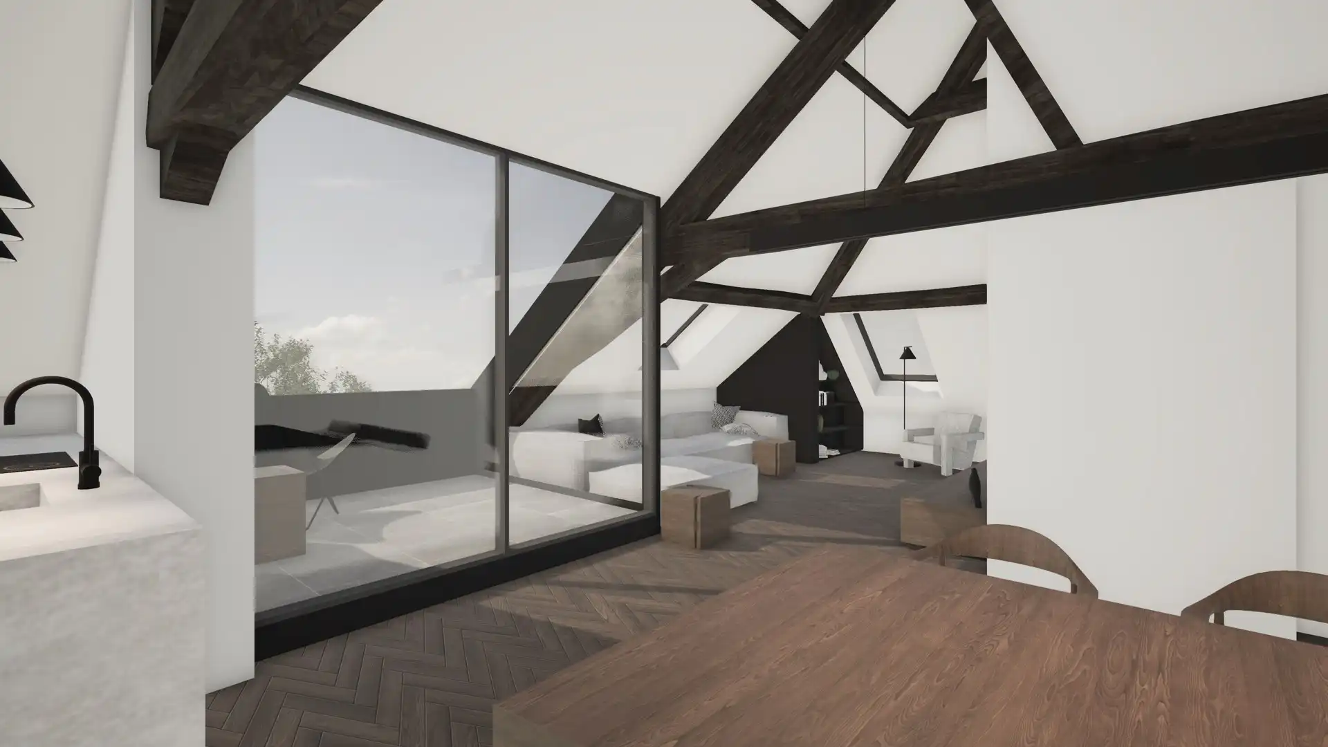 Uniek dakappartement met zichtbare dakstructuur. foto 3