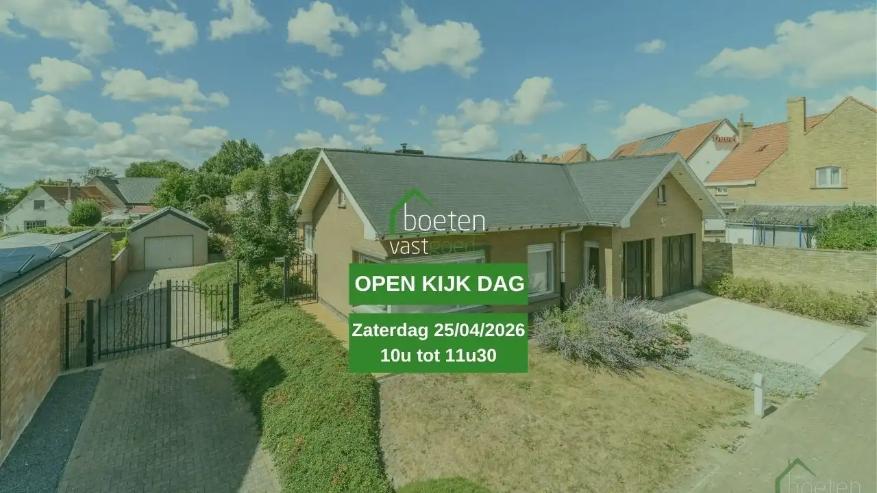 Hoofdfoto van de publicatie: BEVEREN AAN DE IJZER: Zeer degelijke villa-bungalow met alle leefruimtes op het gelijkvloers, ruime garage en tuin op 772m² totale grondopp.