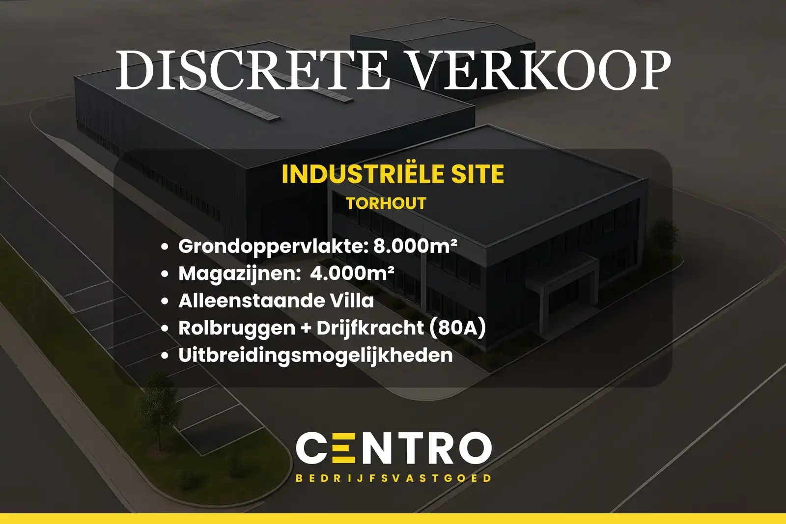 INDUSTRIELE SITE bestaande uit MAGAZIJNEN (4.000m2) met nokhoogte van 9m, alleenstaande WONING (4/5 slpkms) en verhard (beton) TERREIN te Torhout. foto {{pictureIndex}}