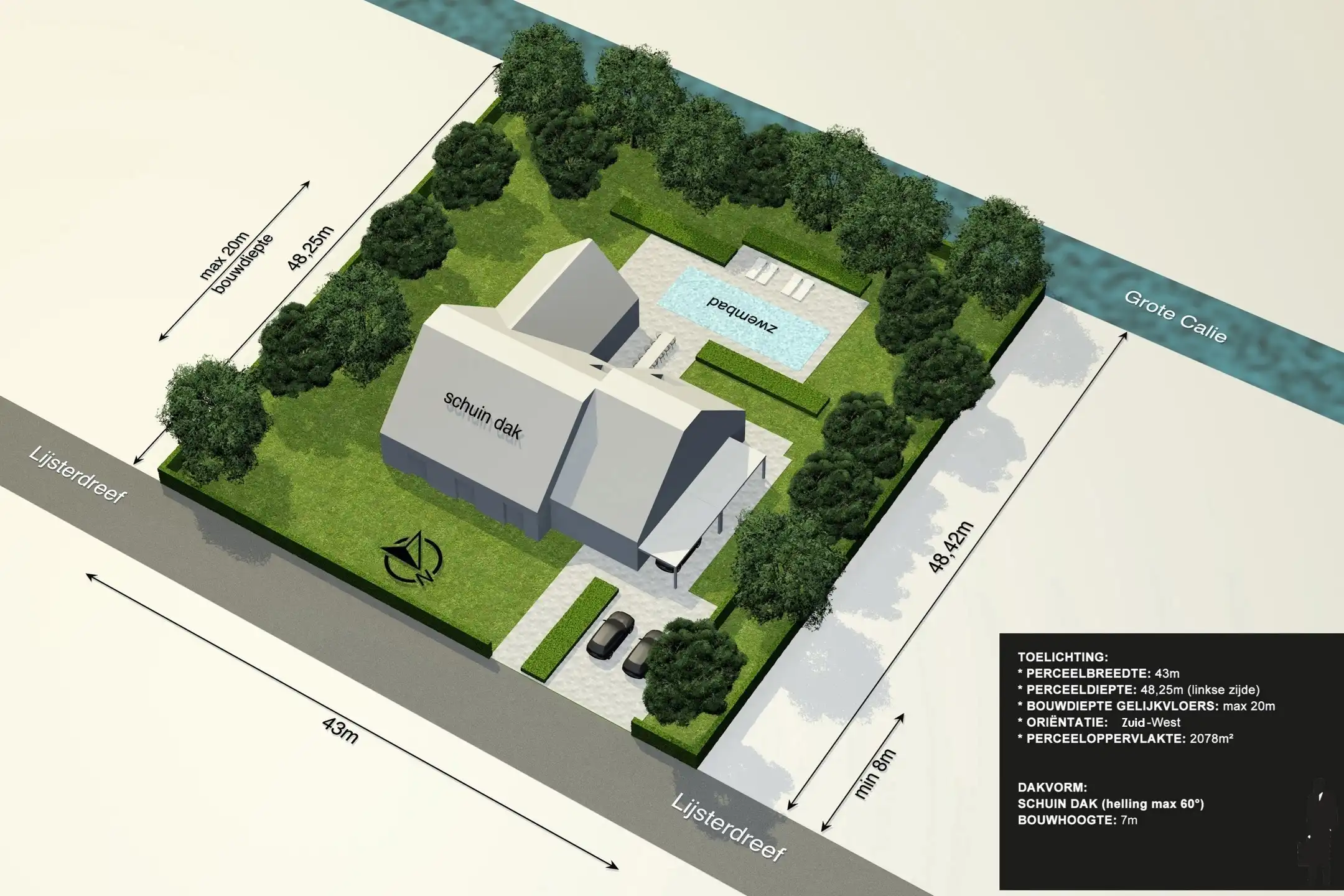 Zuidwest villaperceel van 2.078m² foto 2