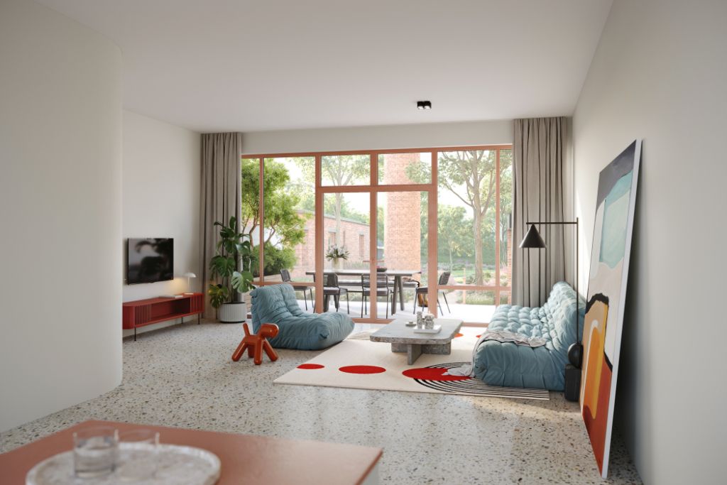 VERLAAGDE BTW-REGEL VAN 6% TEM. JUNI - Parkwoning met privatieve tuin in een reconversieproject van een voormalige textielfabriek met aangename terrassen en gemeenschappelijke tuin. foto {{pictureIndex}}