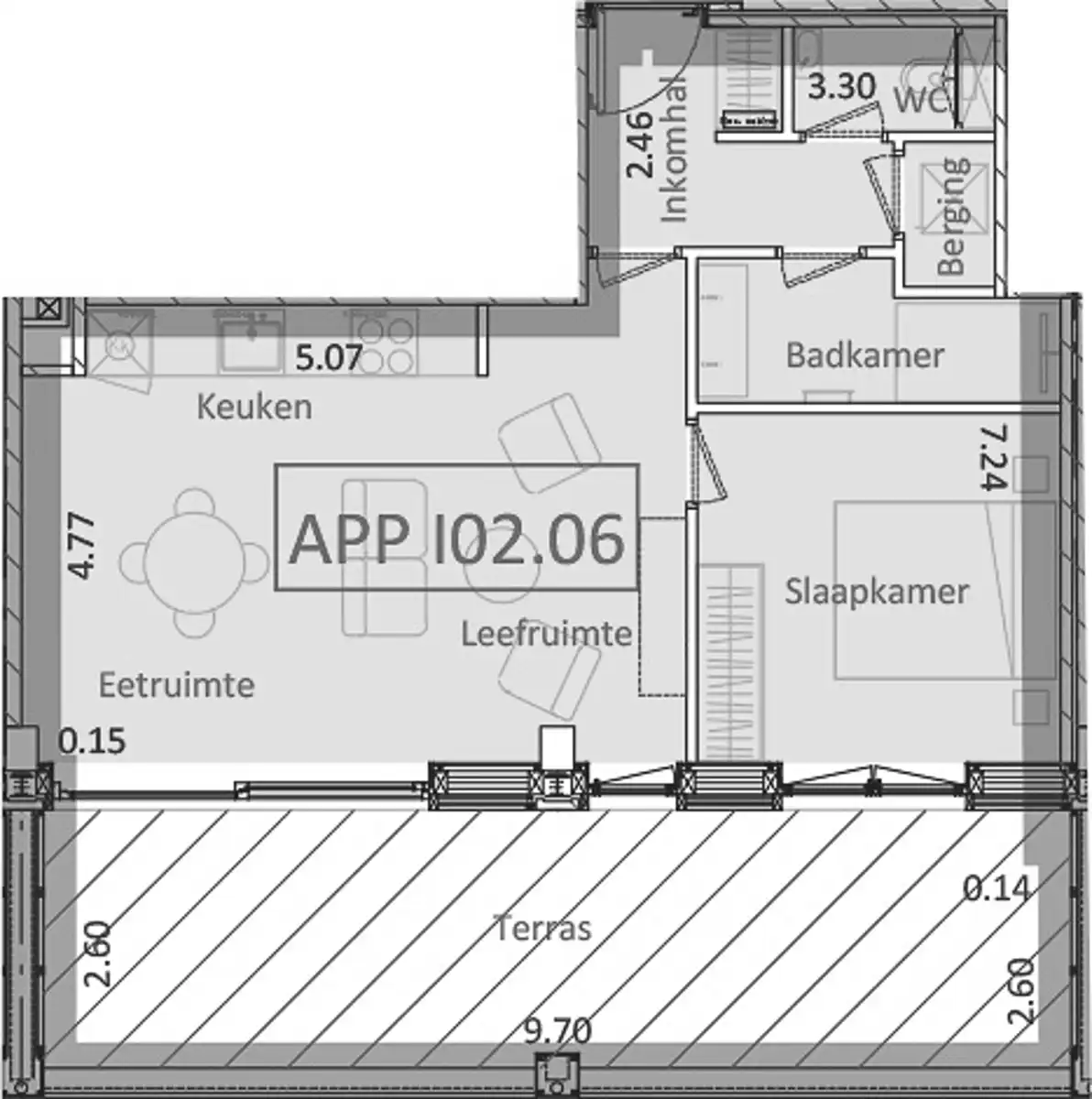 Mooi gemeubeld 1slpk apartement met prachtig terras foto 12