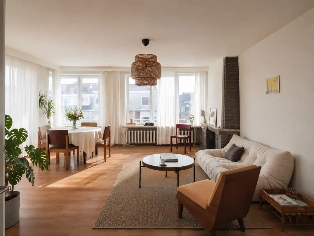 Stijlvol tweeslaapkamerappartement in de Sportstraat, met terras en warm mid-century karakter. foto {{pictureIndex}}