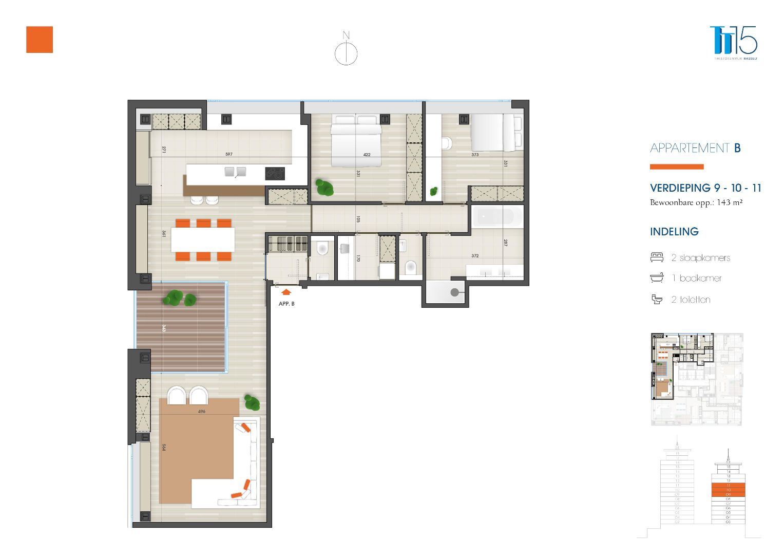 Appartement op de 11de verdieping van 143m² met twee slaapkamers foto 2