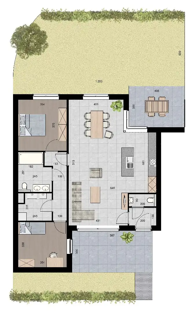 Gelijkvloers appartement (114 m²) met 2 slpk, 2 overdekte terrassen en knusse tuin. foto 2
