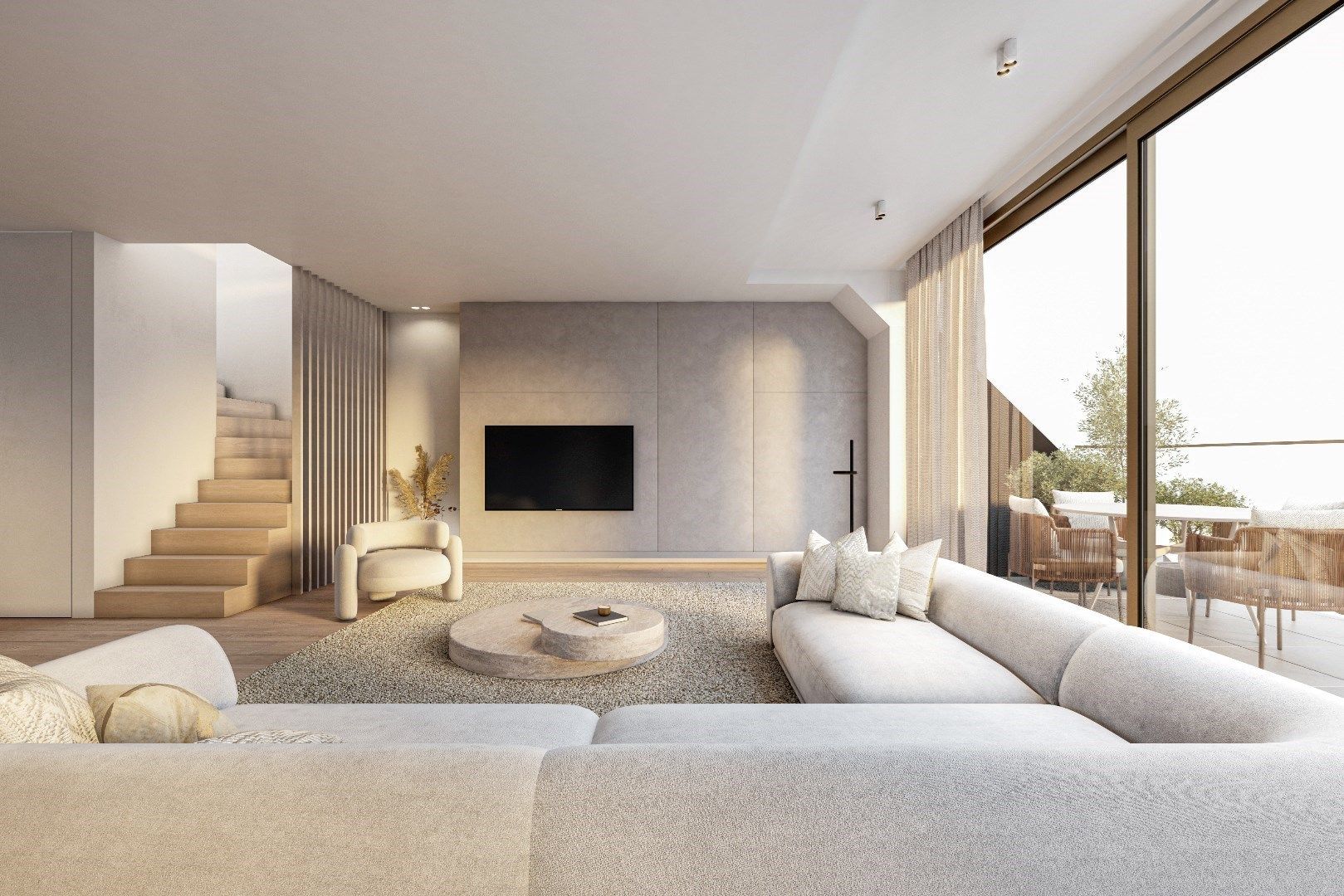 Nieuw, luxueus afgewerkt duplex dakappartement in het hart van Knokke. Aankoop gelijkvloers garagebox mogelijk. foto {{pictureIndex}}