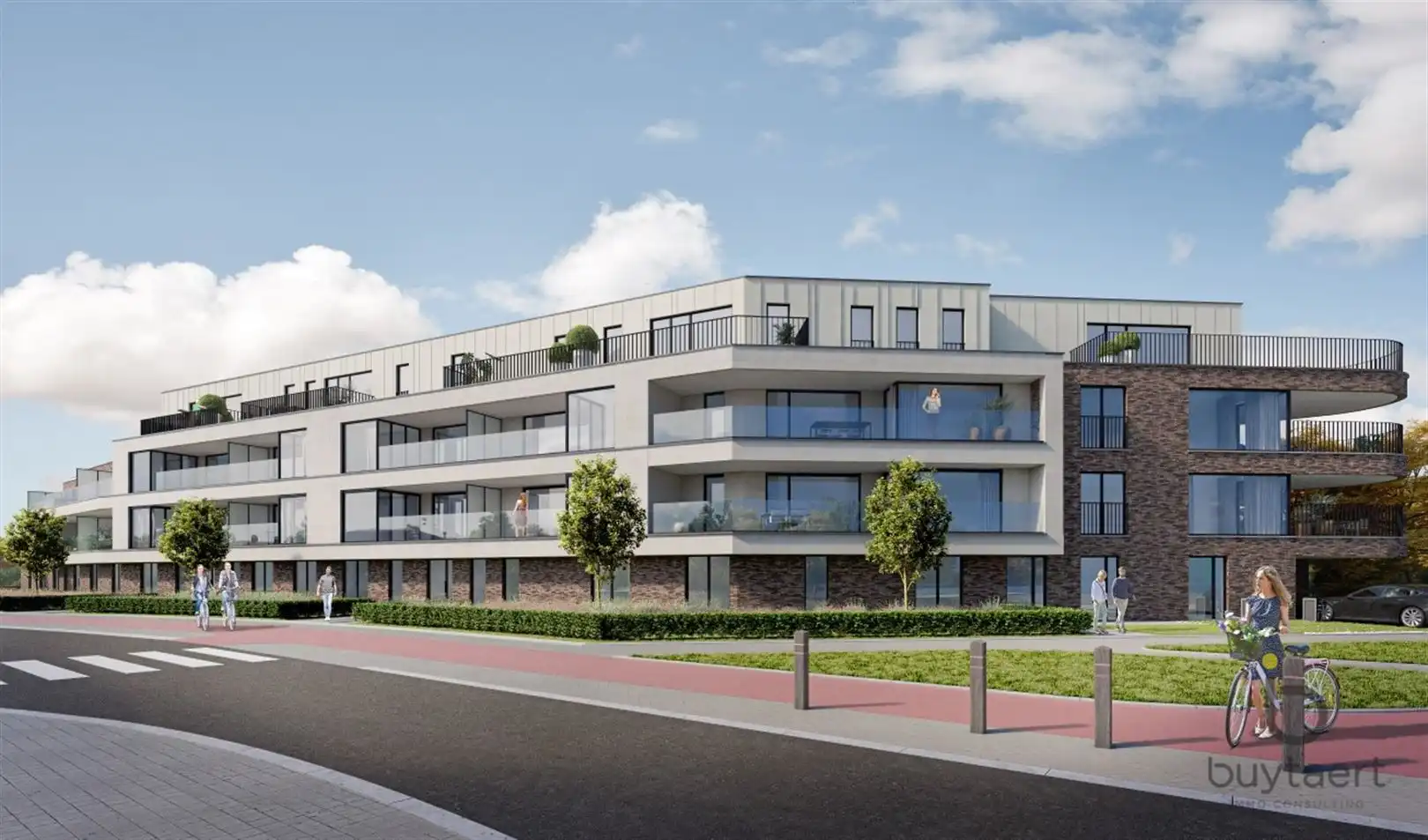 Nieuwbouw gelijkvloers appartement met twee slaapkamers, een tuin en een garage. foto {{pictureIndex}}